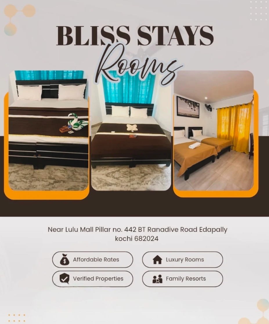 Stay in edappally kochi,Cozy Rooms in edappally kochi, Apartment in edappally kochi, Hotel rooms in edappally kochi,Bliss Stays 