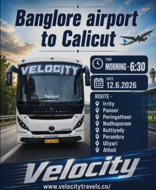 Calicut to Bangalore airport  ​Bus Booking, Bangalore airport  to Calicut ​Bus Booking, Calicut to Bangalore Bus service, Velocity Travels