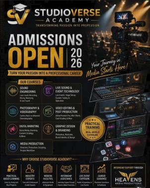 Media Technology Training Institute in Kollam, Sound Engineering course Kottiyam, Photography Videography Video Editing classes in Kollam, ​StudioVerse Academy 