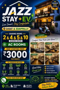 Stay in cusat edappally ernakulam, EV Rental in cusat edappally ernakulam,Electric Mobility Hostel in cusat edappally ernakulam,Jazz Stay + EV Rental Program