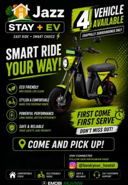 Stay in cusat edappally ernakulam, EV Rental in cusat edappally ernakulam,Electric Mobility Hostel in cusat edappally ernakulam,Jazz Stay + EV Rental Program