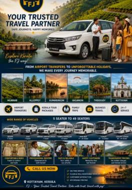 Taxi service in kottayam,Cab service in kottayam,Airport transfer service in kottayam,Tourist bus Traveller service in kottayam,FJ Travel Partner 