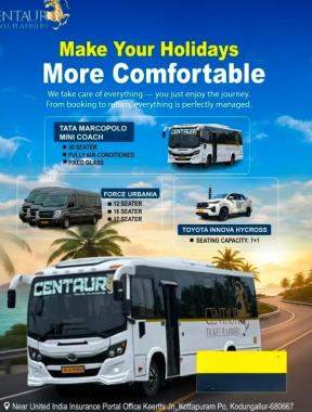 Urbania van rental in kodungallur thrissur,Tourist bus service in kodungallur thrissur,Traveller service Taxi service in kodungallur thrissur,Tour operator in kodungallur thrissur,Centaur Travel Planners 