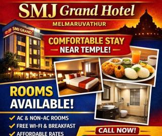 Stay in melmaruvathur ,Hotel room in melmaruvathur ,Banquet hall in melmaruvathur ,SMJ Grand Hotel  