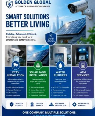 Solar panel installation in nelluvai thrissur,CCTV installation Automatied gate installation in nelluvai thrissur, Water purifier Installation service ATM Services in nelluvai thrissur,Golden Global Automations  