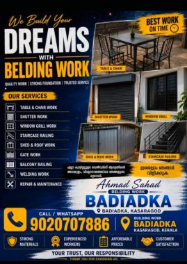 Welding worker in Badiadka Kasaragod,Welding work contractor in Badiadka Kasaragod,Gates work Window grills work  Staircase Balcony Railings Sheds Rood Shutter work  in Badiadka Kasaragod,Ahamad Sahad  Belding Work 