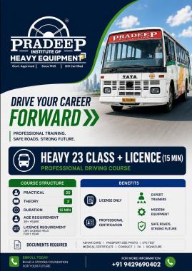 Heavy Equipment Institute in Eramalloor , Driving School in Eramalloor,JCB Hitachi Crane Excavator  Bobcat Operator Training in Eramalloor,Pradeep Driving School and Heavy Equipment Institute Eramalloor