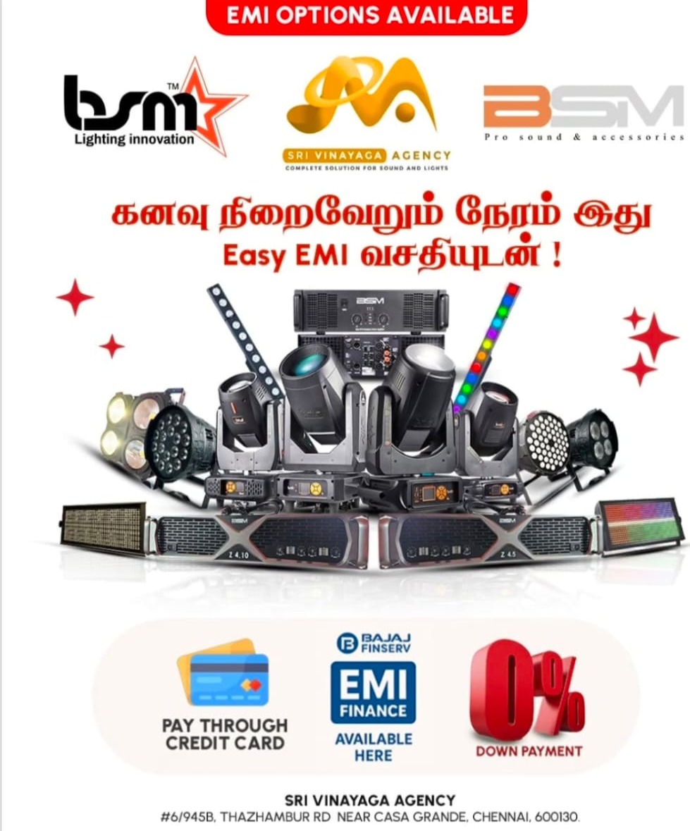 Lighting dealer chennai,Audio visual equipment store chennai,Lighting store chennai,Sound equipment chennai,BSM Lighting ,Sri Vinayaga Agency Chennai