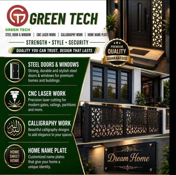 Steel doors koothparamba vadakara, Steel windows vadakara koothparamba, Name board name plate manufacturer koothparamba vadakara, CNC laser work vadakara koothparamba, ​Green Tech  