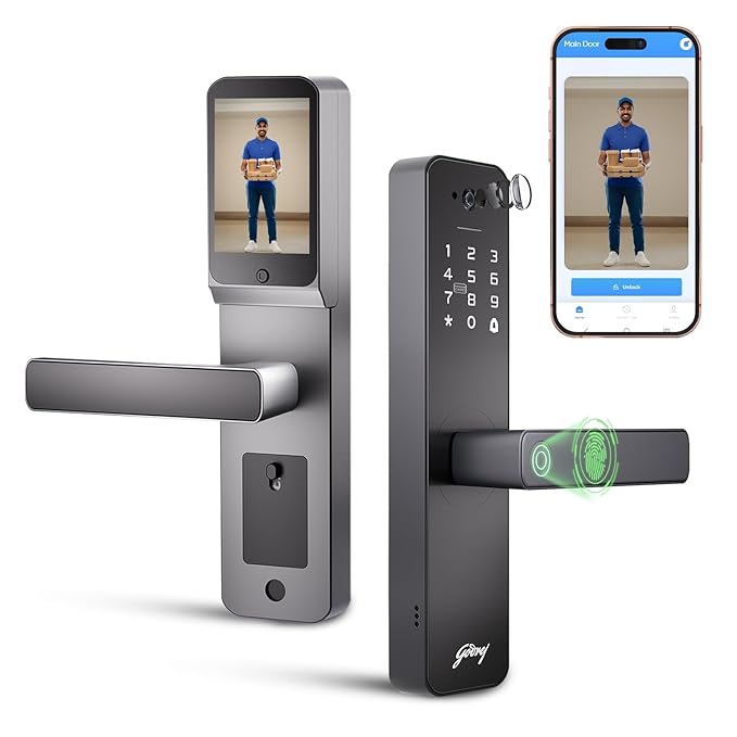 Godrej Smart Lock | Neo Pro View Digital Lock for Wooden Doors with Camera, View Screen, Wi-fi | Mobile App | Built-in Doorbell I 7 in 1 Access