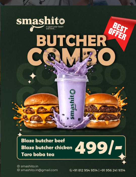 Best smash Burger in Thalassery,Tacos Thalassery,Smashito Burgers tacos and desserts Thalassery