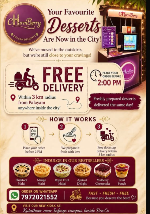 Freshly prepared desserts Palayam Thiruvanathapuram, Charm berry desserts Palayam Thiruvananthapuram