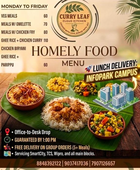 Meals delivery in  Palarivattom Kochi,Homemade lunch office delivery in  Palarivattom Kochi, Homemade meals home delivery in Palarivattom Kochi,Curry Leaf Cloud Kitchen 