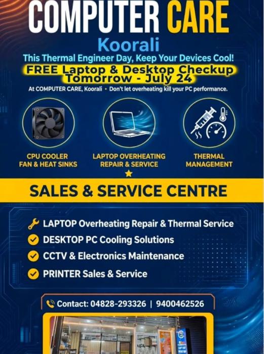 Computer Laptop sales and service centre in koorali kottayam, Desktop PC Printer CCTV sales and service in koorali kottayam,Computer Care