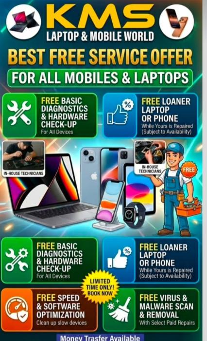 Mobile phone shop in kollam, laptop repair centre in kollam, Mobile repair centre in kollam,KMS Laptop and Mobile World 