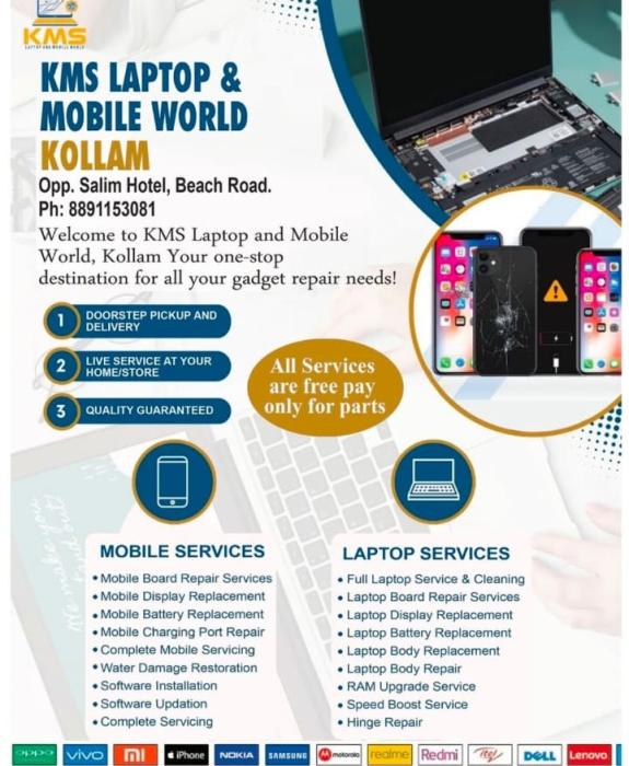 Mobile phone shop in kollam, laptop repair centre in kollam, Mobile repair centre in kollam,KMS Laptop and Mobile World 