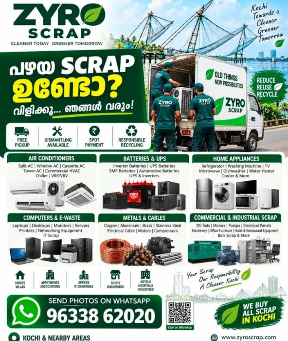 Scrap buyers in kochi ernakulam,Old AC  Scrap  pickup in kochi ernakulam,Split AC Fridge Home appliances  Metal scrap buyers in kochi ernakulam, Zyro Scrap 