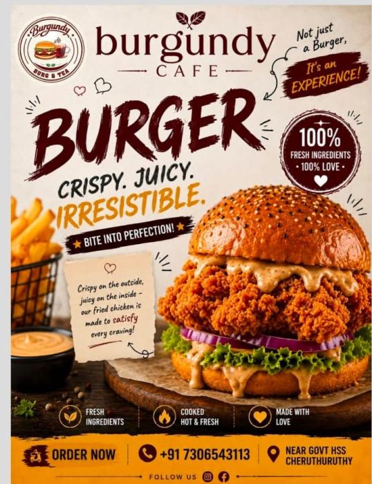 Cafe in cheruthuruthy,Burger cafe near Govt hss cheruthuruthy,Shawarma Bakery Shake Tea Grills near Govt hss cheruthuruthy,Cafe BURGUNDY 